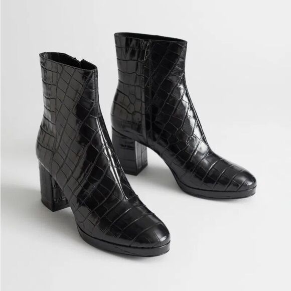 & OTHER STORIES Leather Crocodile Embossed Ankle Boots Women 5.5 Wood Heel Black - Picture 1 of 14